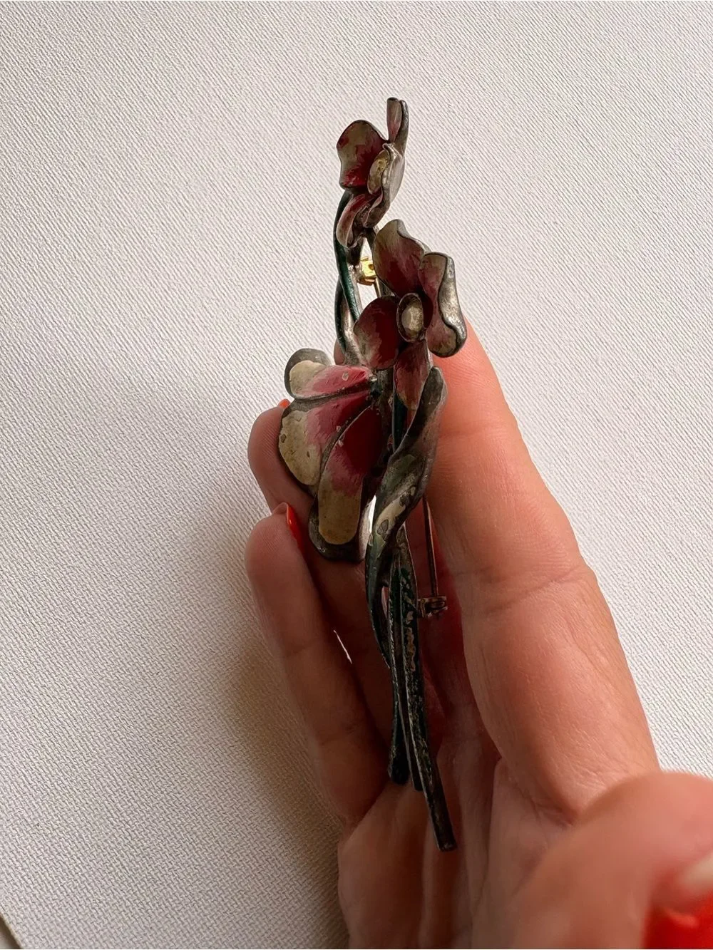 Vintage Floral Enamel Bouquet Brooch Red Green Flower Pin Retro Statement Pin